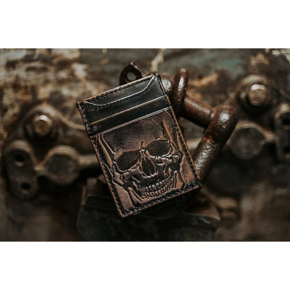 🆕Men Brown SKULL Front Pocket Wallet Money Clip Strong Magnetic Slim Wallet